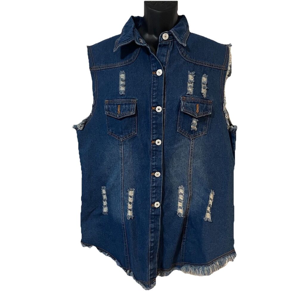 Denim Cut-Off Sleeveless Blue Jean Button Up Shirt Distressed New WITHOUT Tag XL